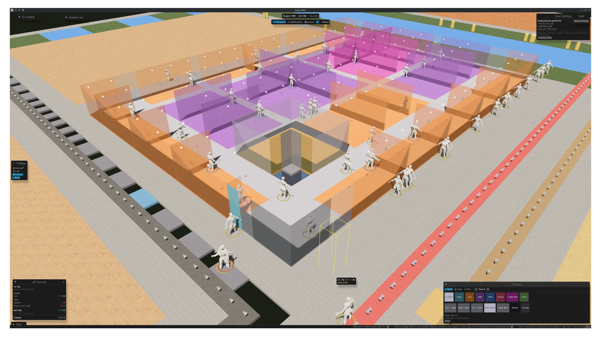 A dollhouse-like view of a voxel-composed game world showing a series of food (orange) retail (purple) entertainment (pink)
