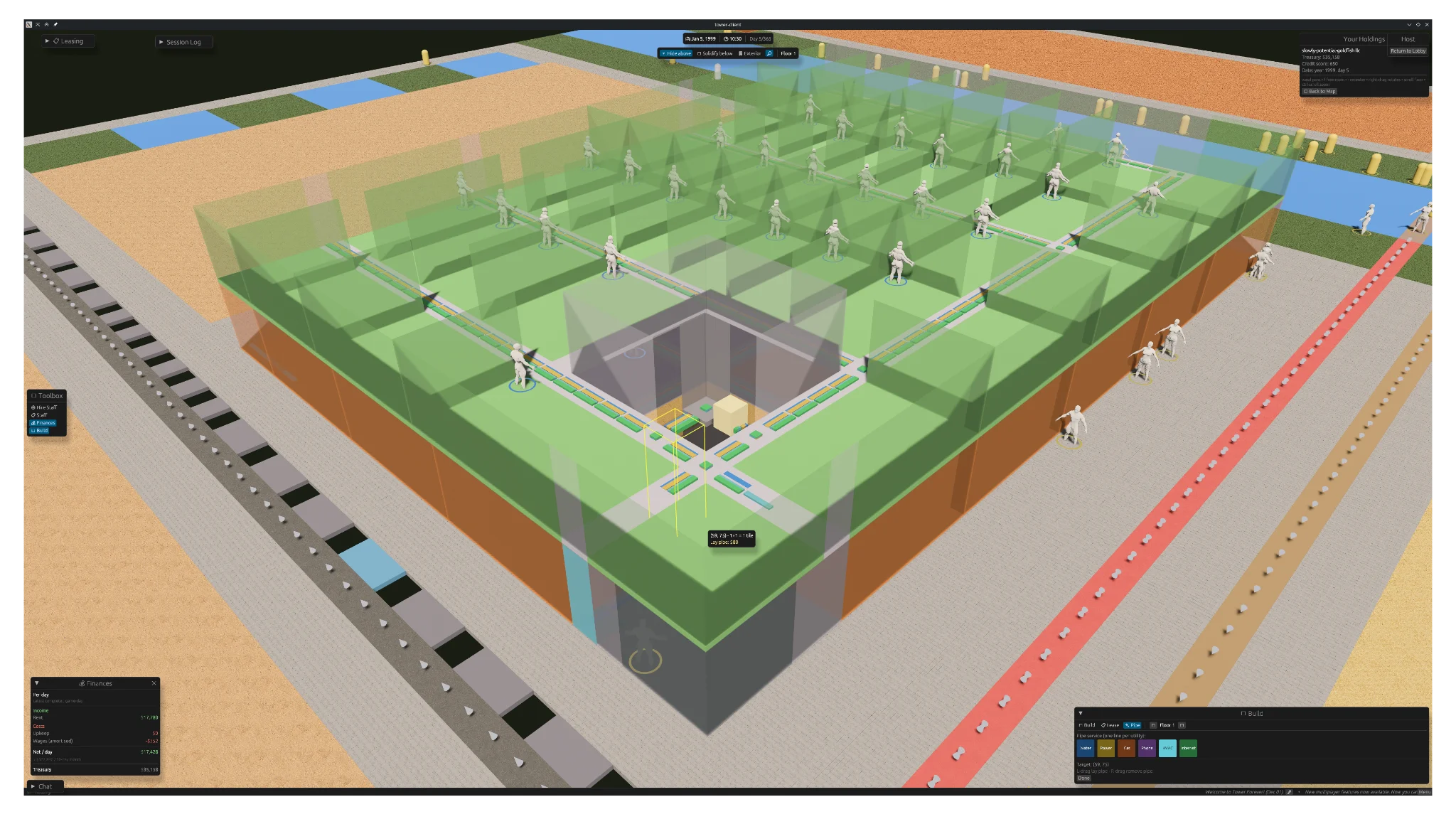 A dollhouse-like view of a voxel-composed game world showing a series of housing units (green)